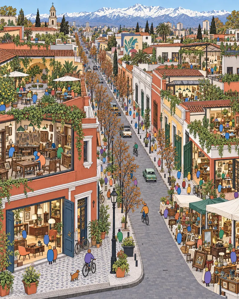 Pintura de Barrio Italia, em Santiago. Pátios compridos de antigas oficinas de marcenaria que guardam lojas de móveis usados e café bom. A cordilheira dos Andes com picos brancos de neve ao fundo tira qualquer ar de cidade comum. Manhã fria com a cordilheira nevada.
