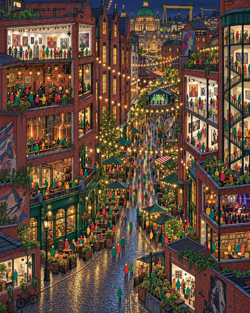 Pintura de Cathedral Quarter, em Belfast. Beco de pedra escura, varais de lâmpadas amarelas e portas pesadas de madeira que abrem para pubs quentes. Uma cerveja preta e violinos ao vivo fazem qualquer garoa valer a pena. Noite festiva sob varais de lâmpadas.