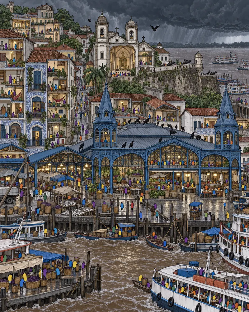 Pintura de Cidade Velha, em Belém. A chuva da tarde desaba pontual sobre o mercado do Ver-o-Peso e as águas do Guajará. Peixe filhote frito na hora com açaí grosso sem açúcar, exatamente como deve ser consumido. Temporal de chuva tropical da tarde.