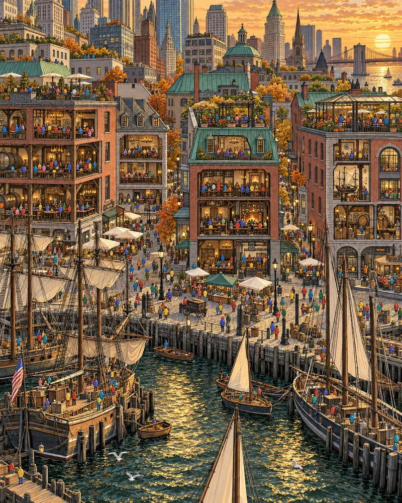 Pintura de Financial District, em Nova York. Veleiros históricos atracados no píer de madeira e tabernas de tijolo que viram o nascimento da cidade. O peso do dinheiro circula alto nas torres, mas o cais preserva a calma do mar. Fim de tarde límpido de outono.
