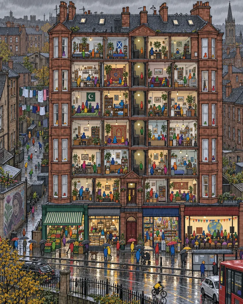 Pintura de Govanhill, em Glasgow. Prédios escuros de arenito vermelho, chuva fina que não para nunca e lojas de tempero do mundo todo. O cinza da Escócia fica bem mais tolerável com comida quente na mesa. Tarde de chuva com calçadas reluzentes.