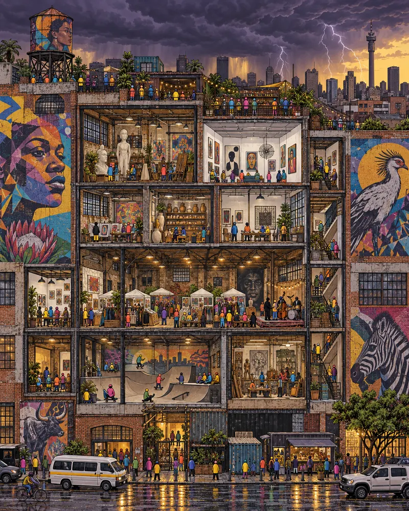 Pintura de Maboneng, em Joanesburgo. Antigos depósitos de tijolo aparente transformados em ateliês de pintura e bares de terraço. O céu do planalto promete tempestade no fim do dia, mas o chope no galpão segue imperturbável. Tarde dramática com trovoadas no horizonte.