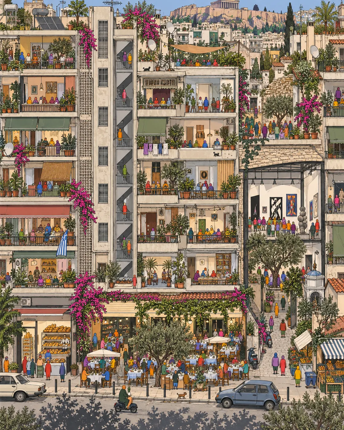 Pintura de Neos Kosmos, em Atenas. A cervejaria velha virou museu de arte moderna e ninguém parece chocado com isso. Bom mesmo é pedir polvo na brasa no boteco da esquina enquanto o bonde range no asfalto. Fim de tarde quente sob luz branca.