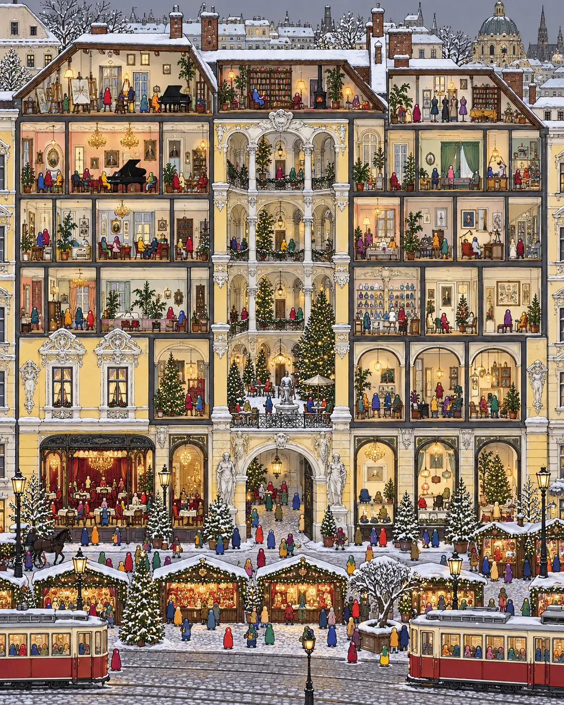 Pintura de Neubau, em Viena. Ruelas de pedra com oficinas de artistas e pátios escondidos com mesas de café. Viena tem fama de fria e distante, mas uma fatia de torta sob as árvores do pátio desmente a pose imperial. Tarde de inverno com luzes acesas.