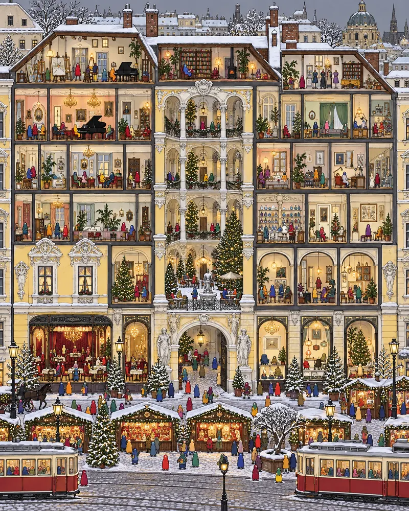 Pintura de Neubau, em Viena. Ruelas de pedra com oficinas de artistas e pátios escondidos com mesas de café. Viena tem fama de fria e distante, mas uma fatia de torta sob as árvores do pátio desmente a pose imperial. Tarde de inverno com luzes acesas.