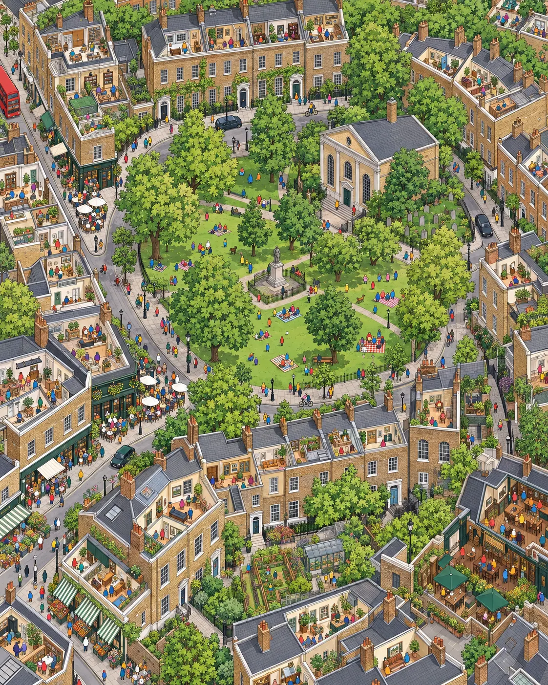 Pintura de Newington Green, em Londres. Casas do século dezessete cercam o gramado comum onde Mary Wollstonecraft defendia ideias radicais. Londres cobra caro por qualquer centímetro, mas este recanto verde ainda mantém a calma. Tarde de verão na grama verde.