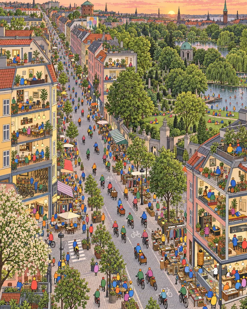 Pintura de Nørrebro, em Copenhague. Milhares de bicicletas cruzam a ponte rumo a padarias artesanais e bares com mesas ao ar livre. Tudo parece impecável e planejado demais, mas é difícil achar defeito numa massa folhada tão boa. Noite clara de verão nórdico.