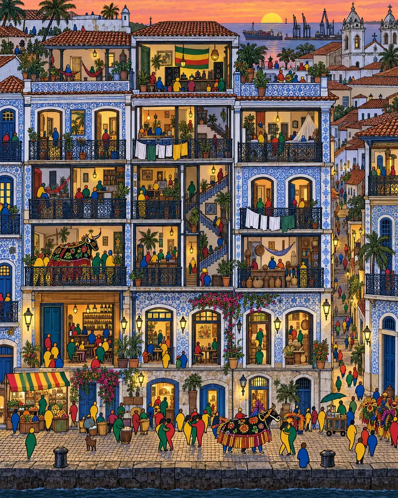 Pintura de Praia Grande, em São Luís. Casarões revestidos por azulejos portugueses que desabam em ladeiras de pedra até o cais. O reggae jamaicano toca lento nos paredões de som, com casais dançando agarrados na penumbra. Entardecer quente com lamparinas acesas.