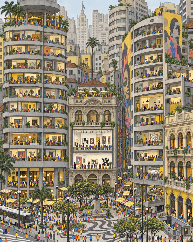 Pintura de República, em São Paulo. O desenho em ondas do Copan domina a vista e os balcões de fórmica servem café com pingado no copo americano. São Paulo não pede desculpas pelo concreto, e a República muito menos. Meio do dia com céu enevoado.