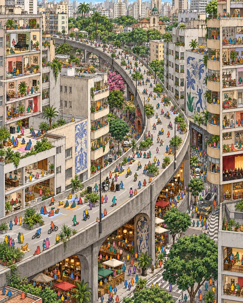 Pintura de Santa Cecília, em São Paulo. O viaduto de concreto fecha para carros e vira parque suspenso de moradores com cachorros e bicicletas. Apartamentos dos anos cinquenta, padarias clássicas e chope tirado sem frescura. Meio do dia quente no viaduto.