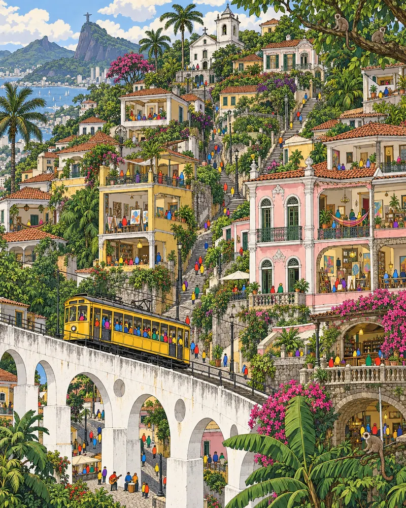 Pintura de Santa Teresa, no Rio de Janeiro. O bondinho amarelo encara a ladeira sem pressa e balança sobre os trilhos desgastados. A pé é bem mais rápido e muito menos bonito, então prefiro esperar o condutor terminar o café. Sol quente rompendo a névoa matutina.