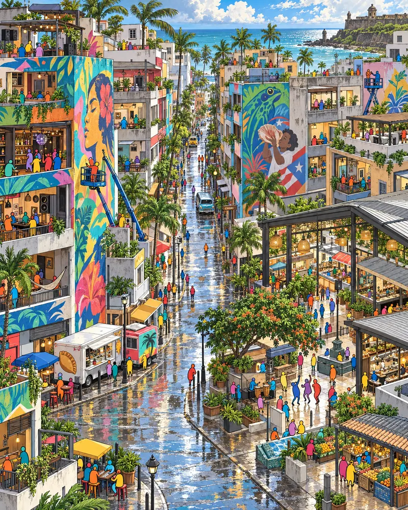 Pintura de Santurce, em San Juan. Prédios baixos pintados com murais imensos e a praça do mercado fervendo na noite úmida. O reggaeton sai alto dos carros estacionados e ninguém aqui precisa de convite para começar a dançar. Sol quente logo após a chuva.