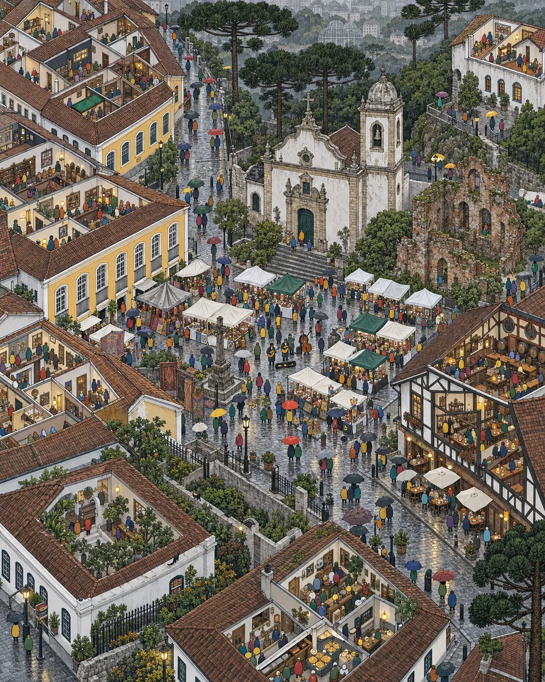 Pintura de São Francisco, em Curitiba. Ruas de paralelepípedo, ruínas de igreja colonial e caldo de cana com pastel na feira de domingo. A garoa curitibana insiste em molhar o casaco, mas ninguém arreda o pé do balcão do bar. Garoa fina e fria de domingo.