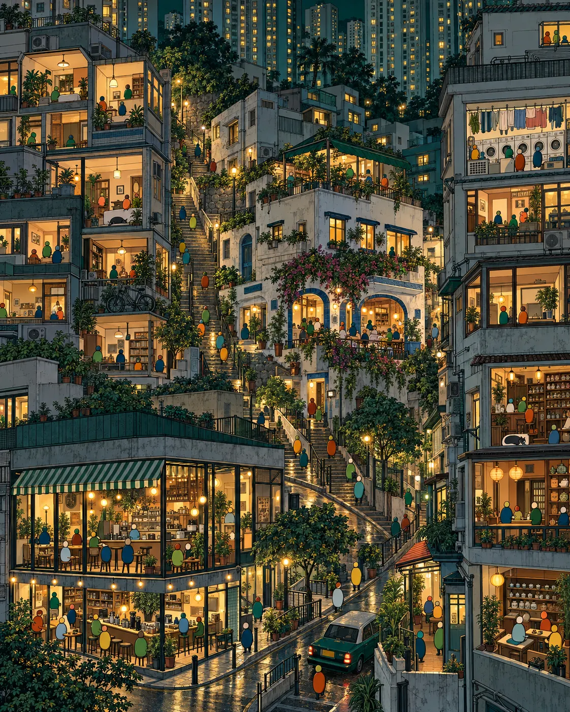 Pintura de Starstreet Precinct, em Hong Kong. Escadarias íngremes de pedra cinzenta sob torres vertiginosas de vidro. Sentar com um café gelado nas mesas inclinadas do morro é o jeito mais honesto de ver a pressa dos outros passar. Noite úmida com janelas iluminadas.