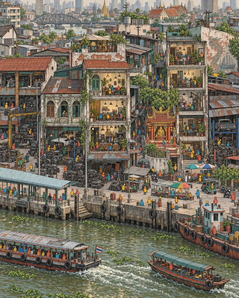 Pintura de Talat Noi, em Bangkok. Oficinas mecânicas acumulam peças de motor enferrujadas coladas ao rio Chao Phraya. Sentar para tomar café gelado no meio da graxa parece estranho, mas funciona perfeitamente. Calor abafado do meio do dia.
