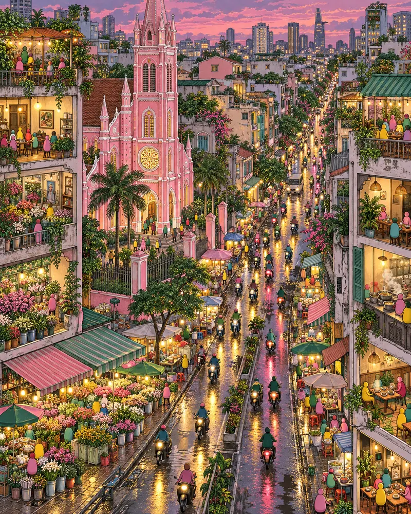 Pintura de Tân Định, na Cidade de Ho Chi Minh. A igreja gótica pintada de rosa choque parece miragem no calor úmido. Ao redor, um mar de motonetas desvia de banquetas baixas onde tigelas de sopa fumegam na calçada. Anoitecer úmido com faróis molhados.